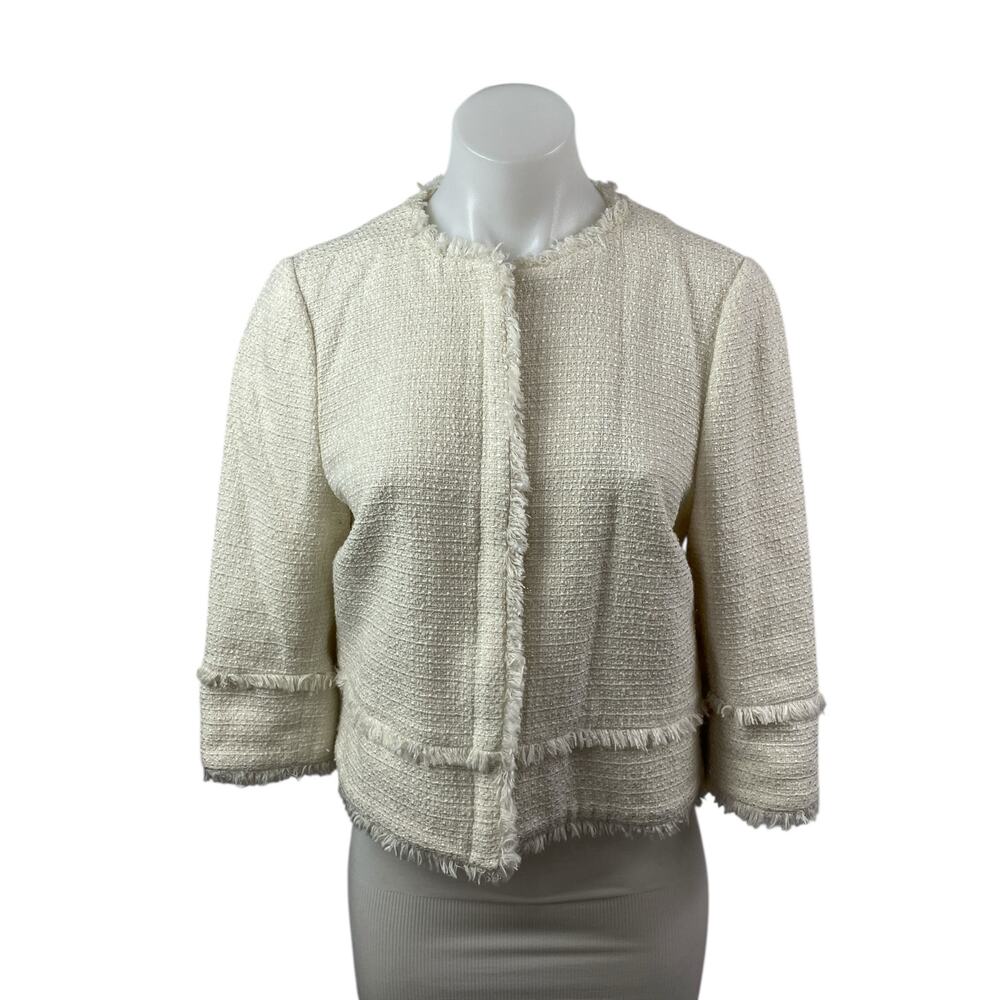 Ted Baker White Tweed Fringe Half Sleeve Full Zip Blazer Coat Jacket Size 2